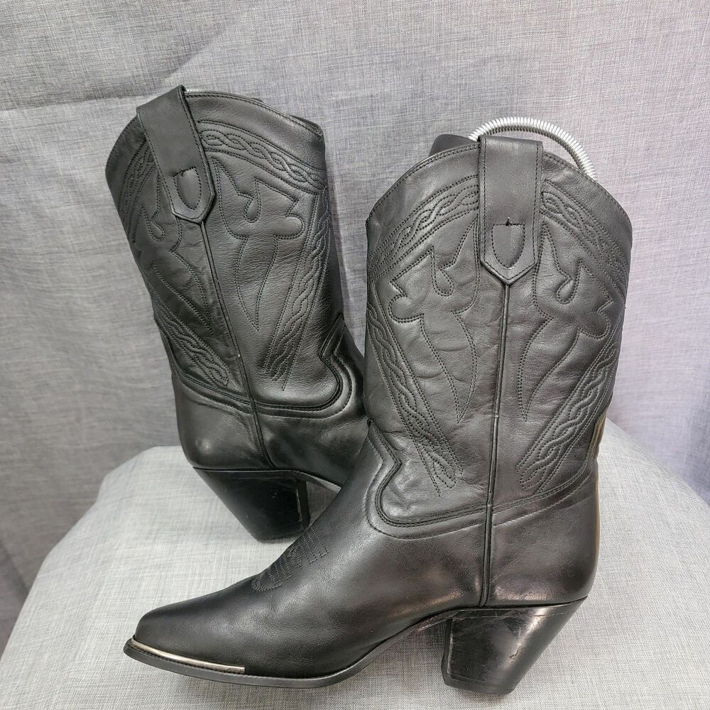 Acme Vintage Black Embossed Leather Women's Western Heeled Boot, Silver Toe  7B
